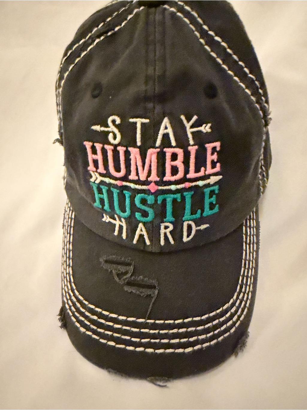 Boutique Distressed Gray Chic Embroidered Stay Humble Hustle Hard Cap